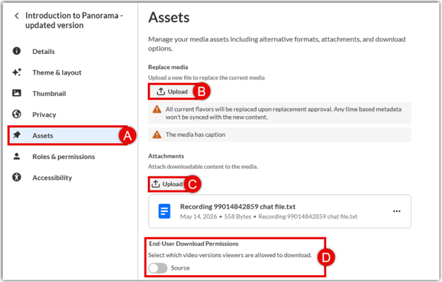 A screenshot showing the Assets tab, Upload button for media replacement, download permissions switch, and the attachments section within Kaltura Media Space.
