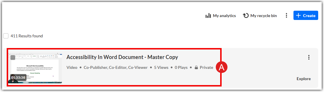 My Media dashboard displaying a video entry titled "Accessibility in Word Document - Master Copy" with a red circle and label A highlighting the video title area.
