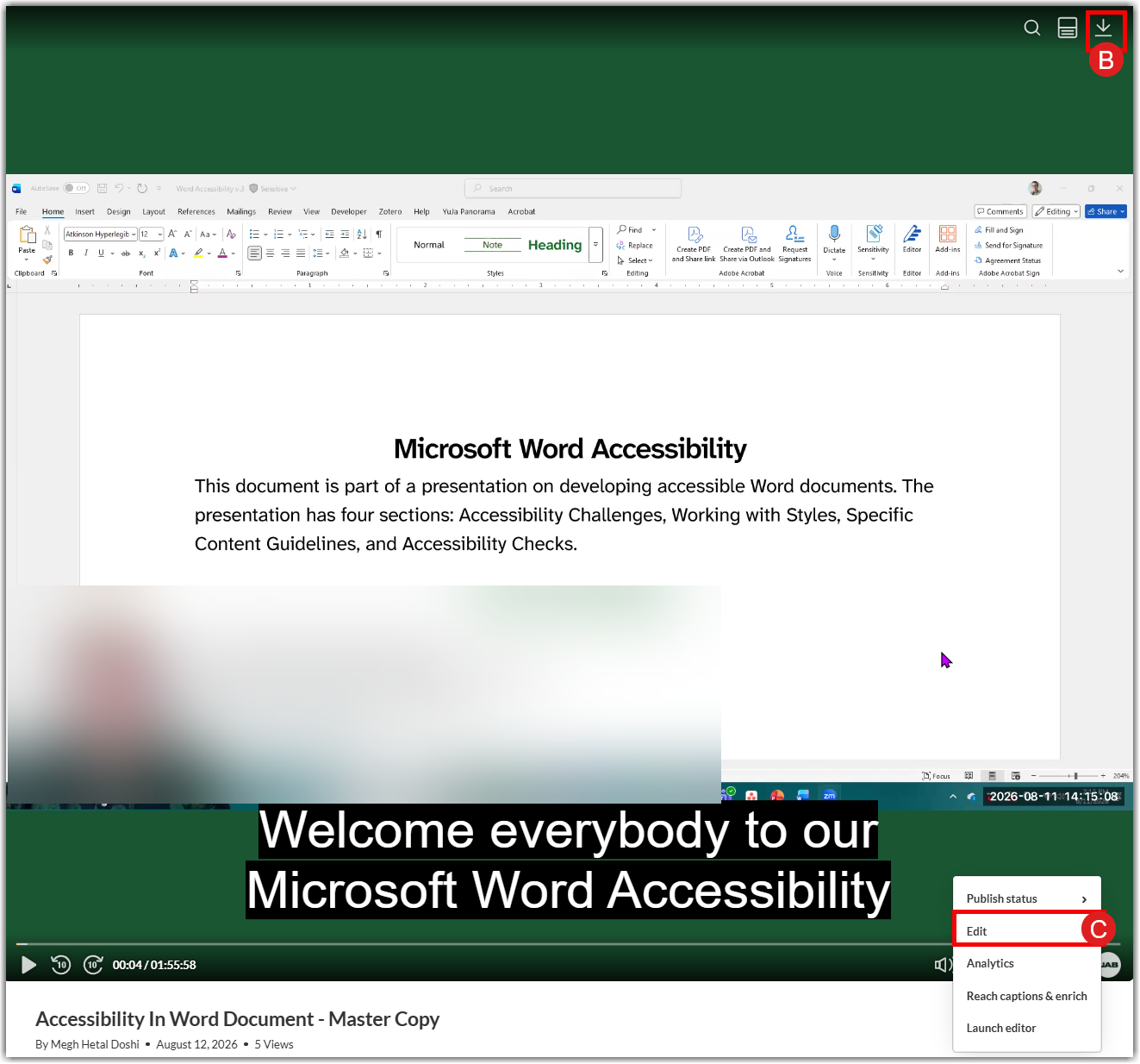the video player interface showing a video thumbnail with a red circle and label B on the Download icon in the top right corner, and a red circle with label C highlighting the Edit pencil icon in the bottom right options menu.
