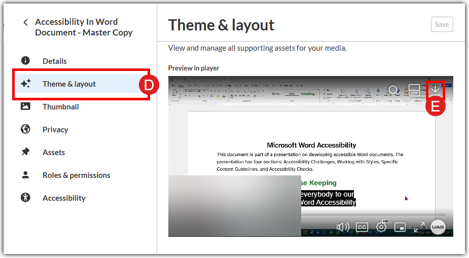 media editing menu with label D highlighted in a red circle over the "Theme & layout" tab on the left sidebar, and label E in a red circle pointing to the download icon on the top right of the video preview player.