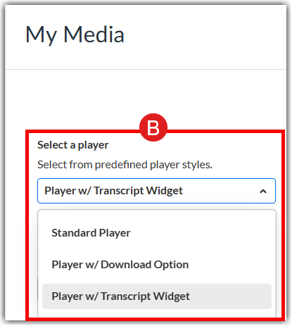 the player settings configuration dropdown with a red border and label B pointing to the "Select a player" option.