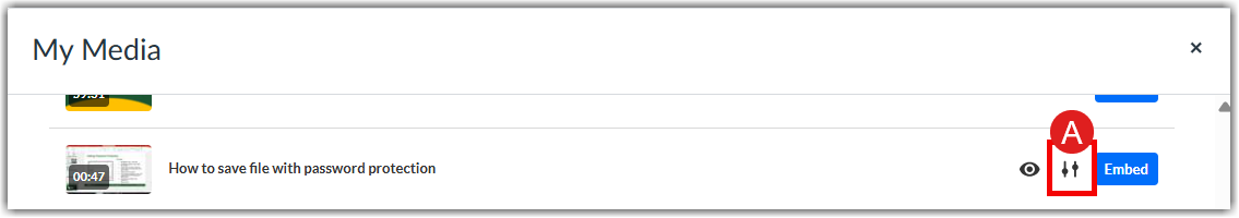 My Media video list modal with a red circle and label A highlighting the gear settings icon next to the Embed button.