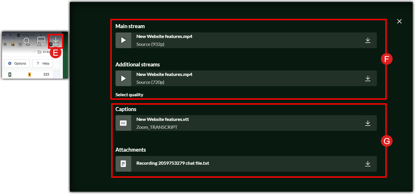 embedded video player showing the download icon highlighted by label E in a red circle, and an overlay menu with red borders highlighting label F for "Mainstream and additional streams" options and label G for "Captions and Attachments" download options.