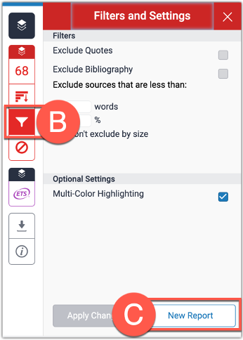 Screenshot showing Filter and new report