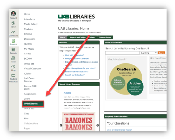 screenshot showing how to access UAB Library Guides within Canvas