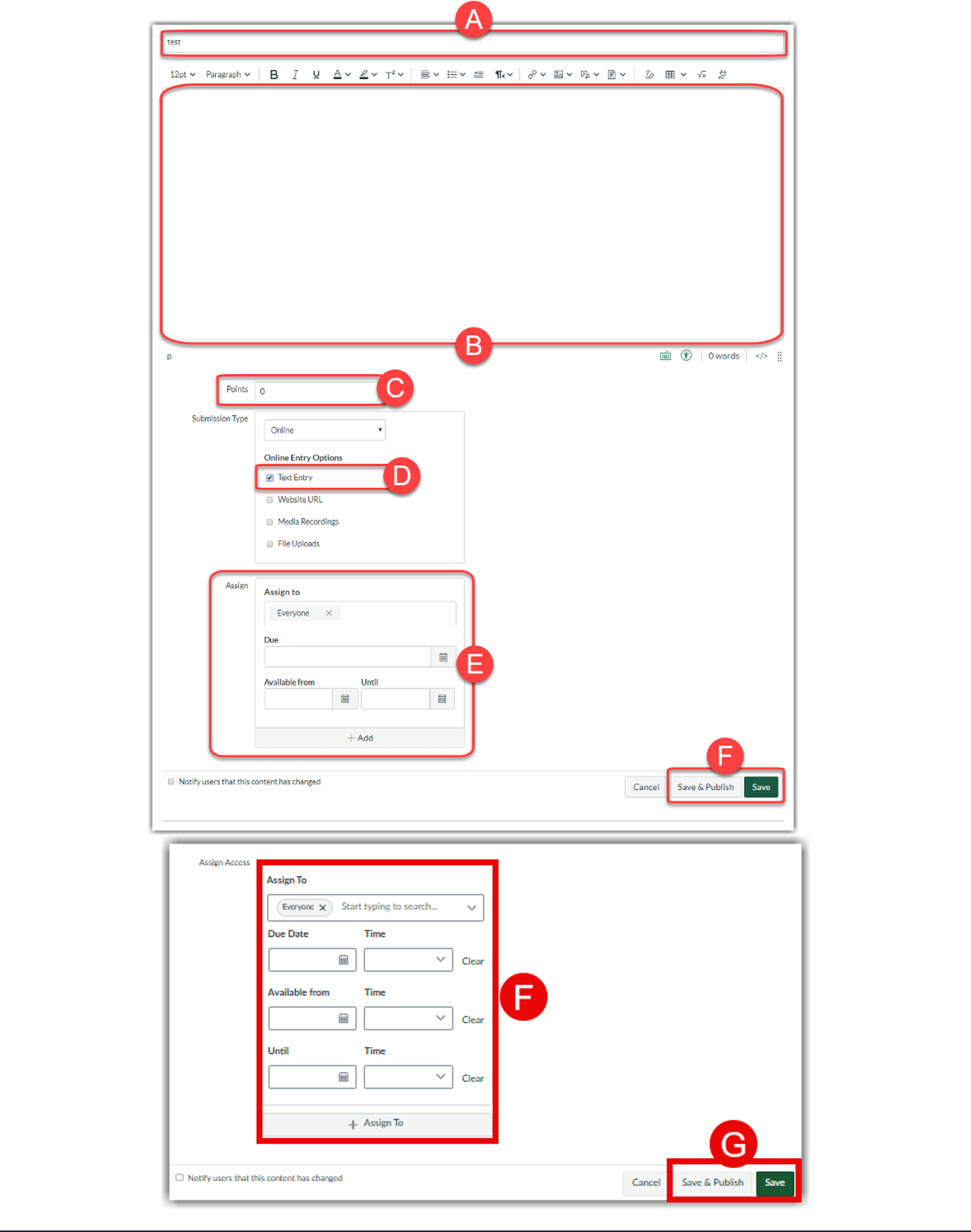A screenshot of the Canvas assignment creation screen highlighting fields for the assignment title (A), description (B), points (C), online text entry submission option (D), assignment settings like attempts and due dates (E), and the save button (F).