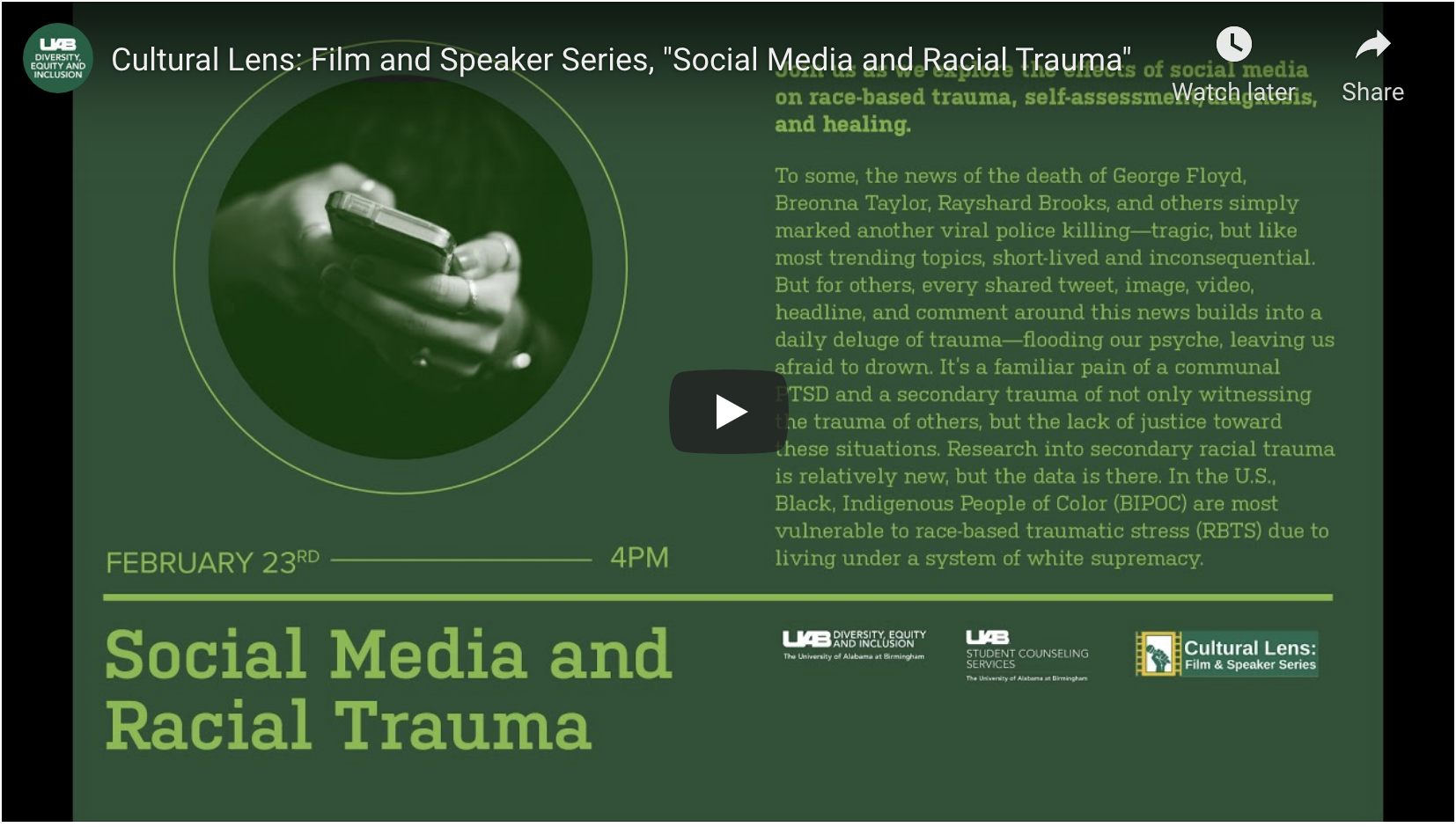 Cultural Lens: Film and Speaker Series, "Social Media and Racial Trauma"