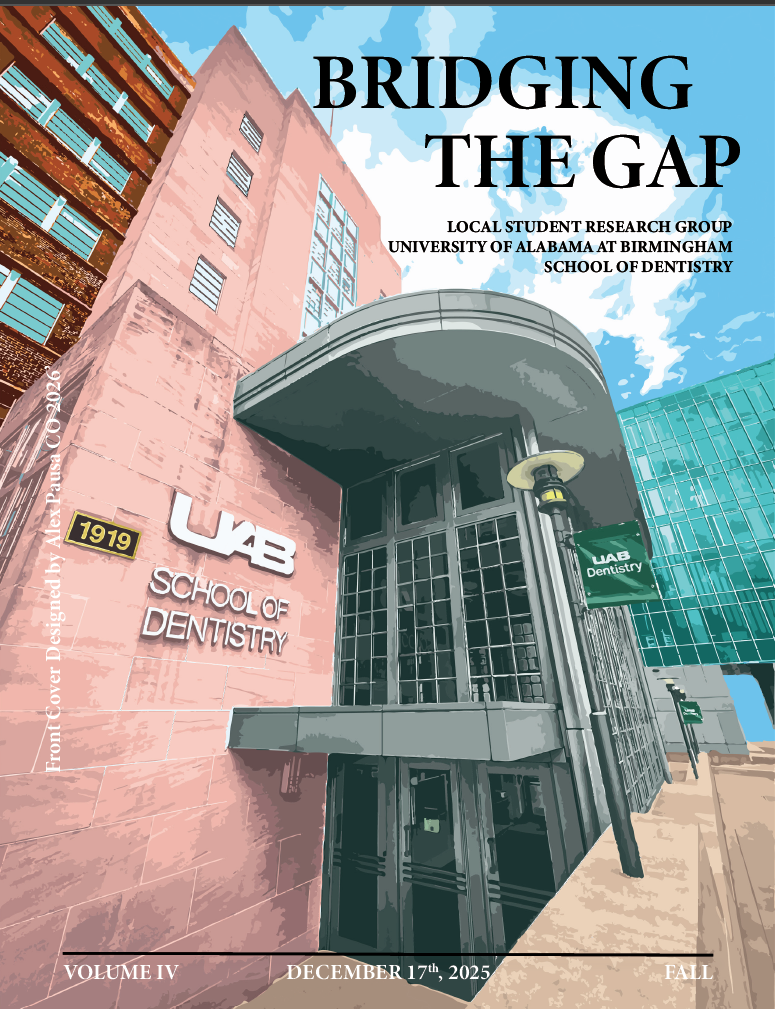 A magazine cover that reads, "Bridging the Gap" and depicts a graphic of the UAB School of Dentistry building.