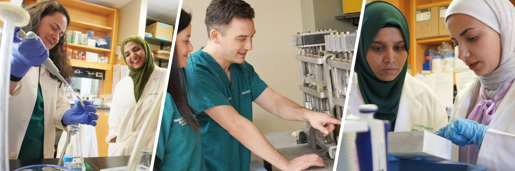 Dr. Amm and Dental Student working together in lab / Dental Student and Dr. Lawson looking at jaw machine / Two dental students looking at item in lab