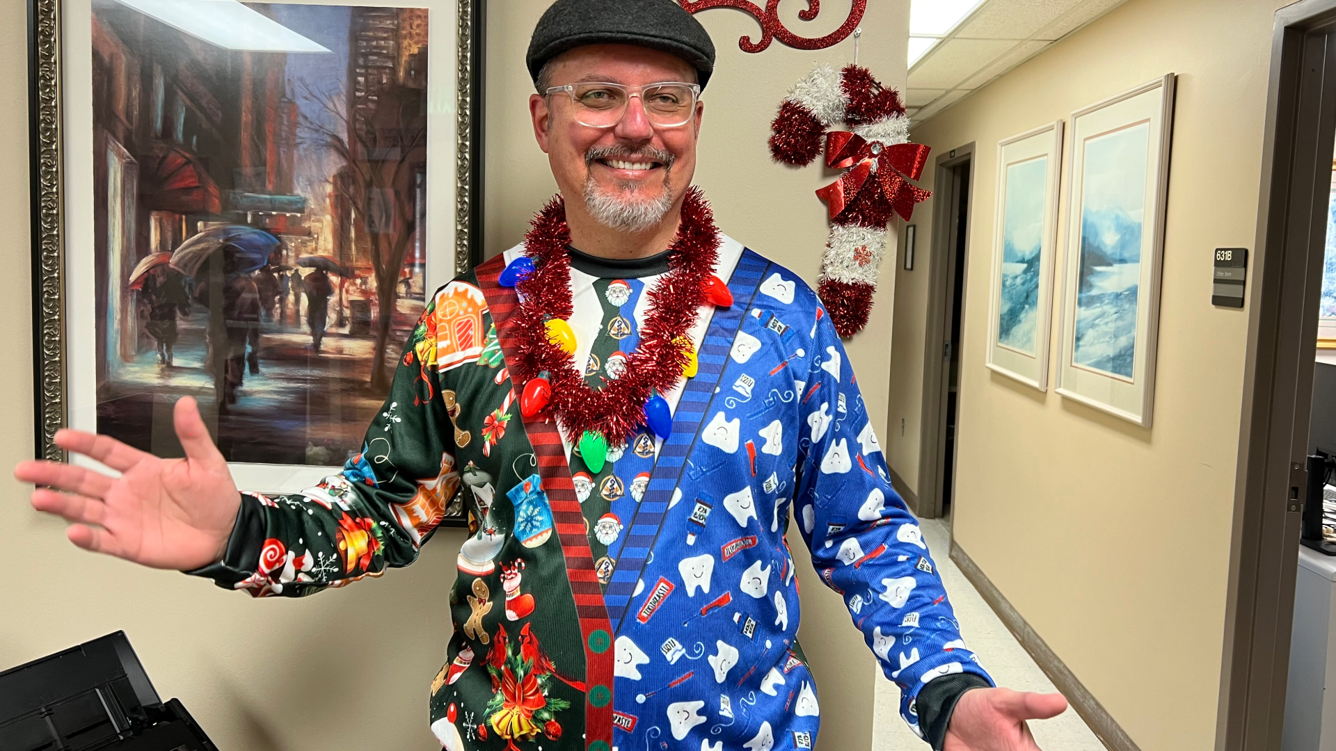 Dr. Mitchell in ugly sweater