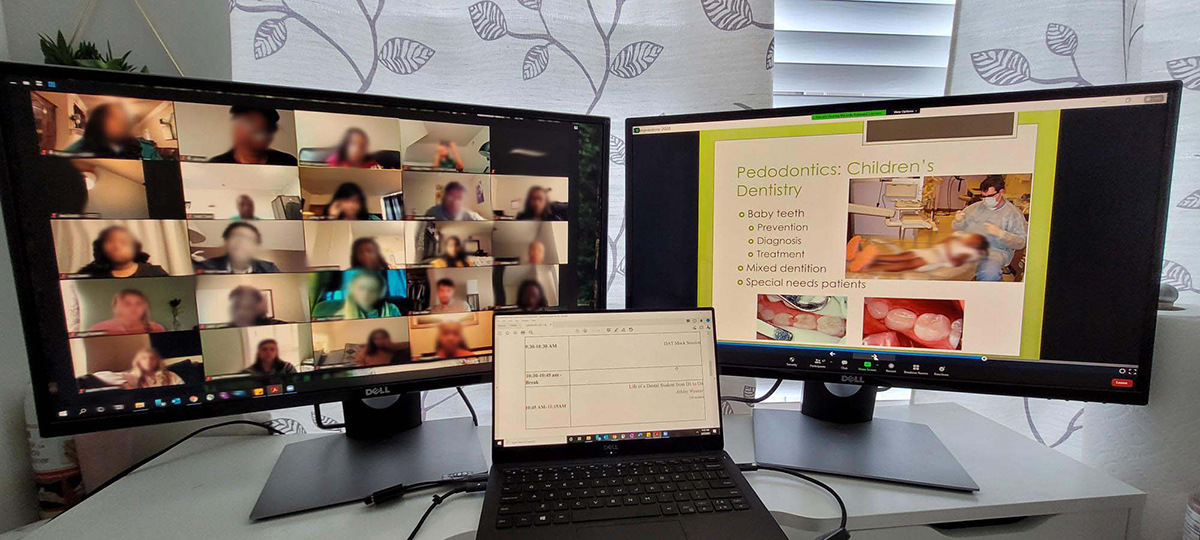 two desktop screens showing video call and presentation