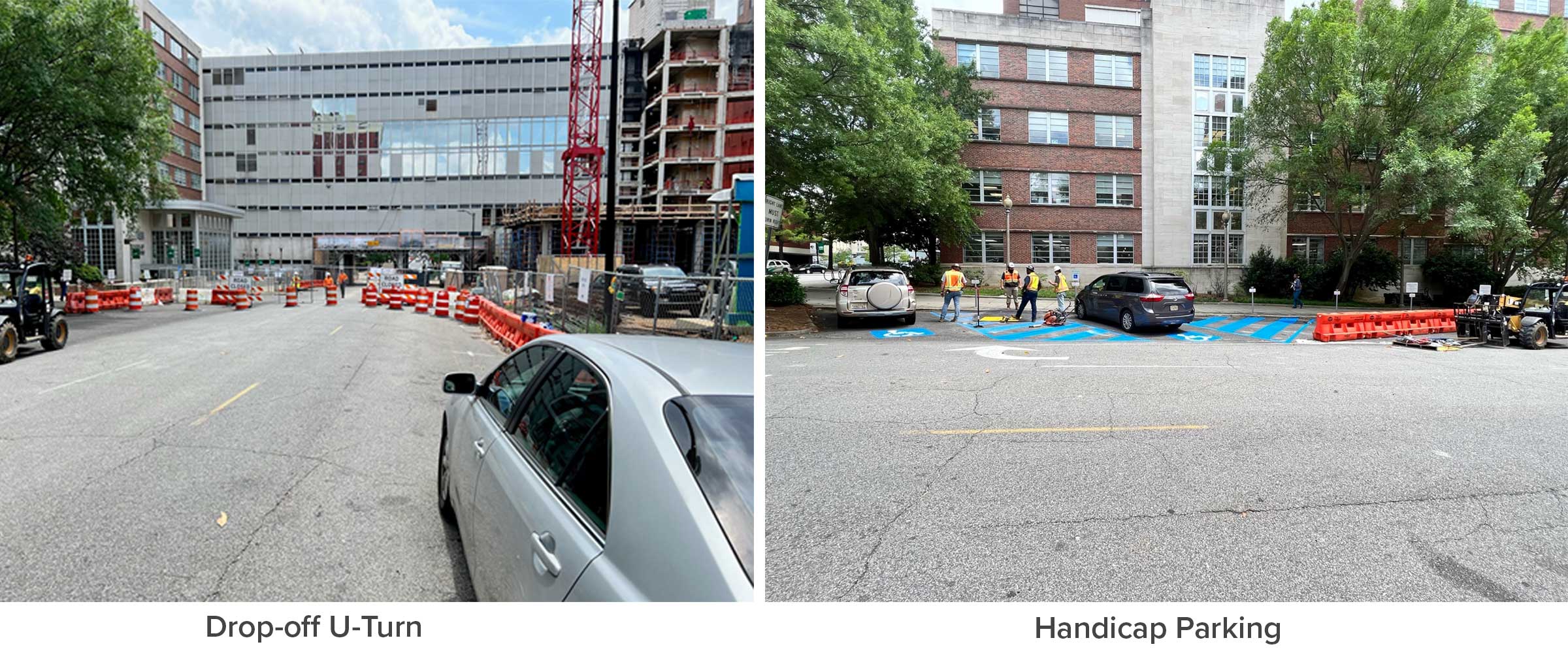 Left image shows blocked off street where you can drop off patiens and make a u-turn; right image shows limited handicapped parking directly outside building.