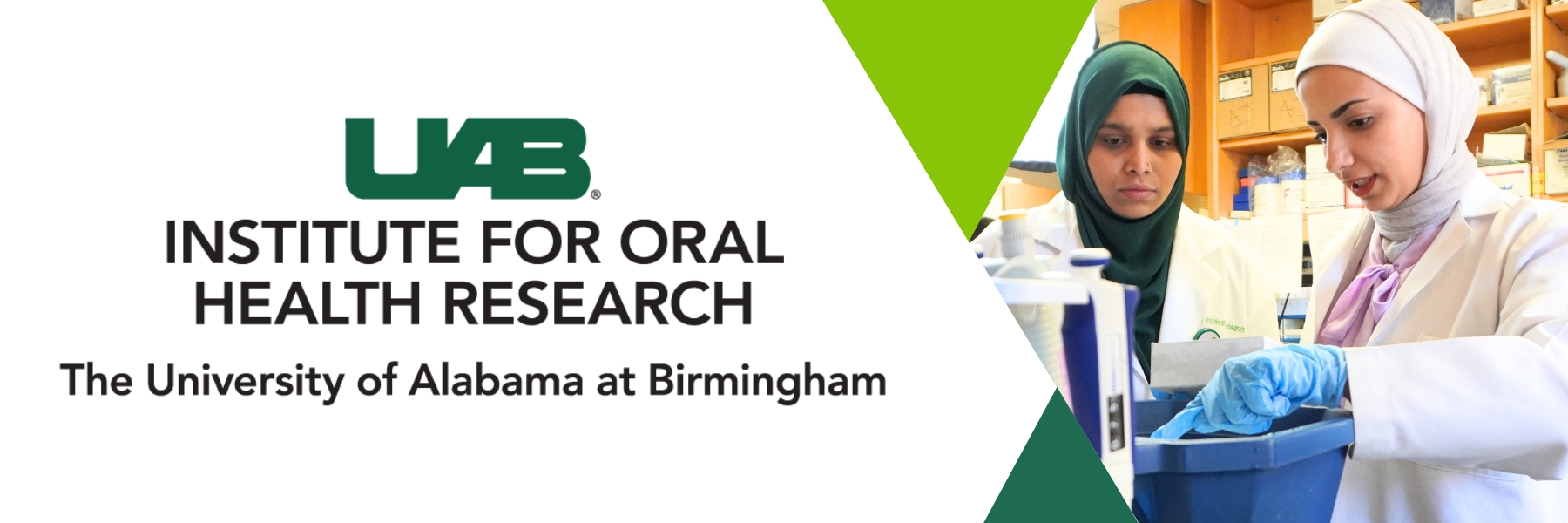 Institute for Oral Health Research logo and student researchers working in lab