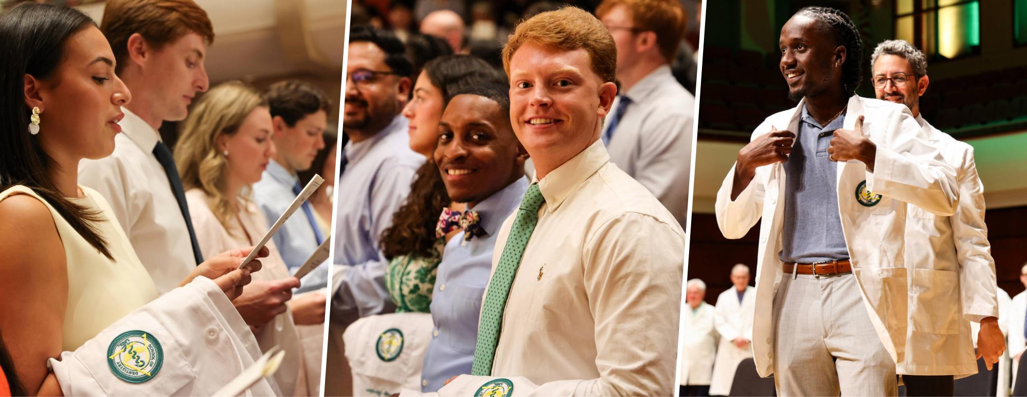 UAB SOD White Coat Ceremony 2025 - Students reciting Dentist's Pledge - Students smiling holding their white coats - Student being coated by Dr. Abou-Arraj
