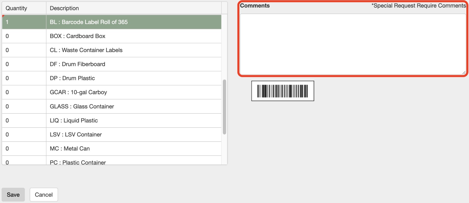Leave any special requests by entering those in the "Comments" box to the right
