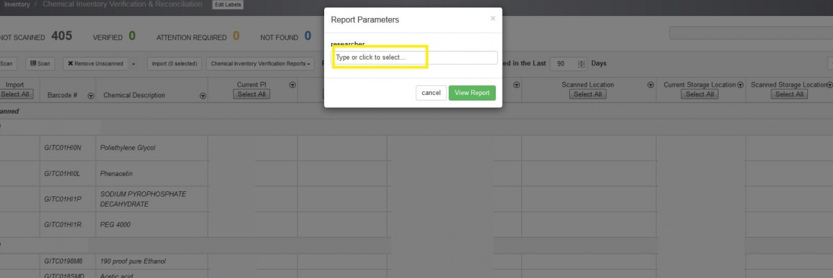 A new box pops out ("Report Parameters"). Choose your PI in a field "Type or click to select"