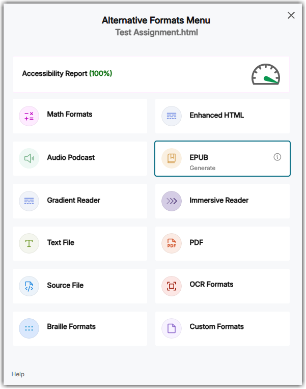 Accessibility score and list of alternative formats you can choose