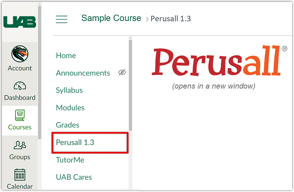 Screen grab of Perusall access button in Canvas.