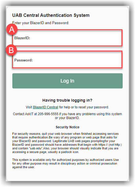 screenshot of UAB's authentication interface