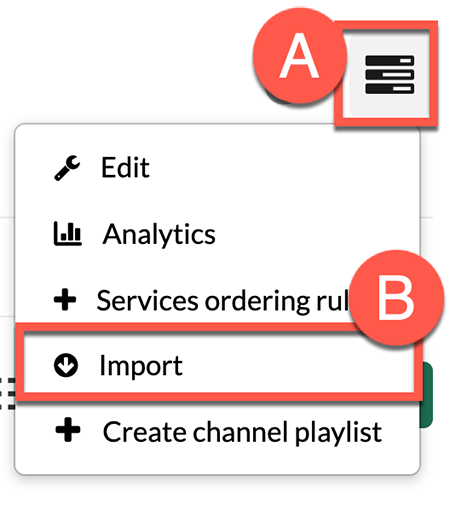 Click channel actions then click import