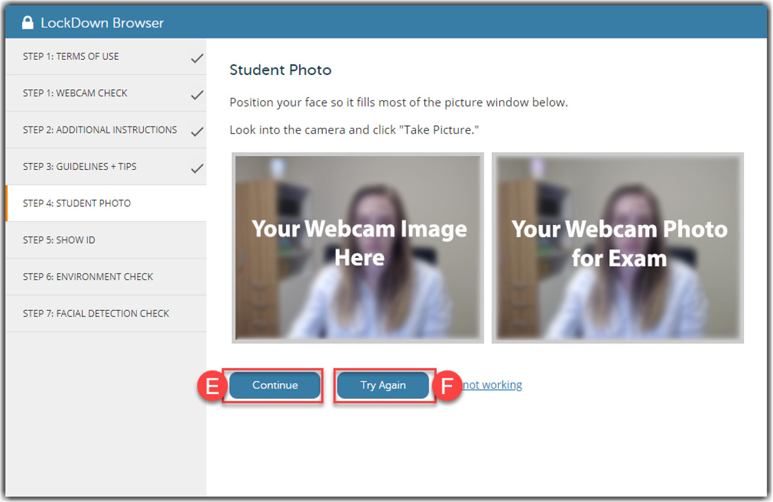 screenshot of webcam check continue or try again buttons