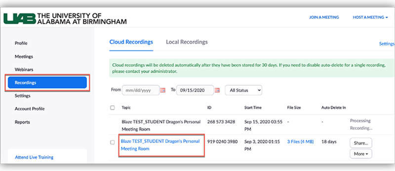Downloading Zoom meeting from the cloud