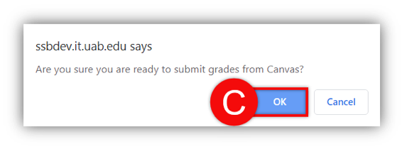 Popup message: "Are you sure you are ready to submit grades from Canvas?" with OK or Cancel buttons.