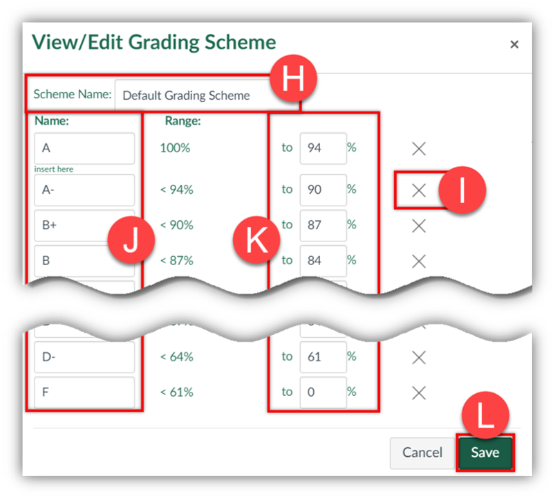 Settings -- View Edit Grading Scheme screen.