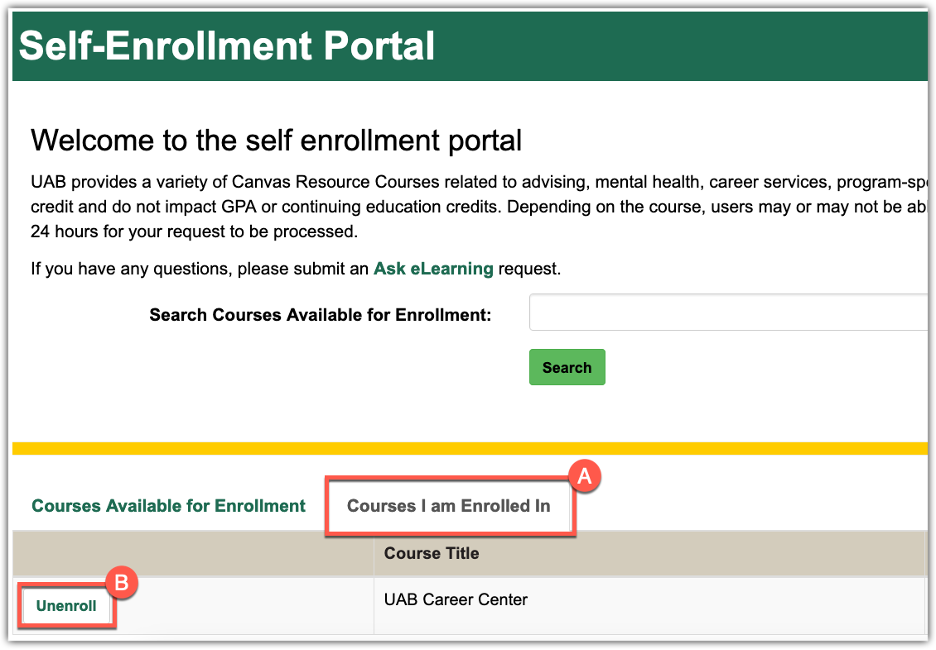 Screenshot of the "courses I'm enrolled in" screen. 
