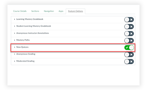 new quizzes option is selected
