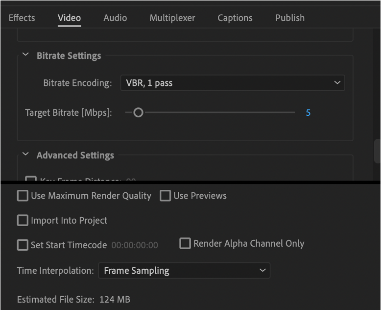 Screenshot of bitrate settings with lower target bitrate. 