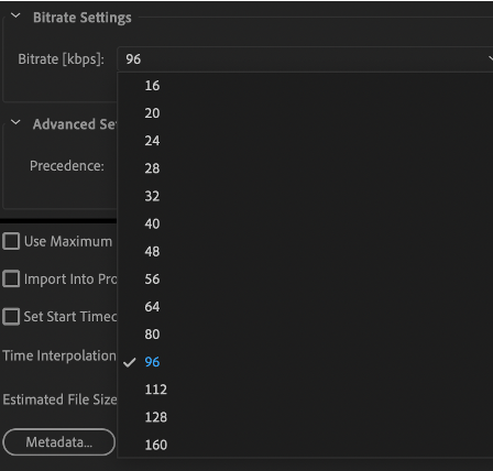 Screenshot of bitrate settings with reduced audio. 