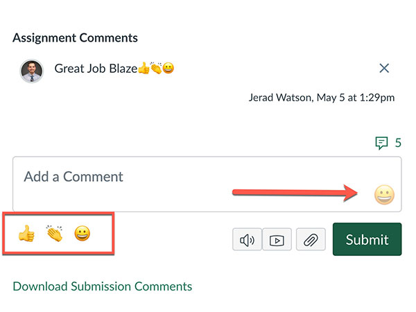 Screenshot of adding an emoji to a comment. 