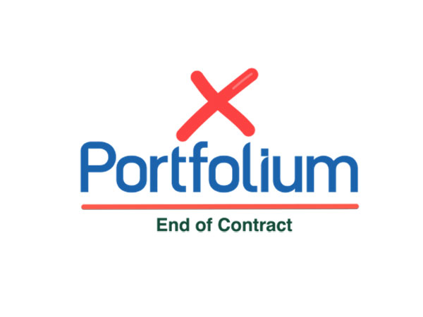 Portfolium logo with a red X above it and the text "End of contract."