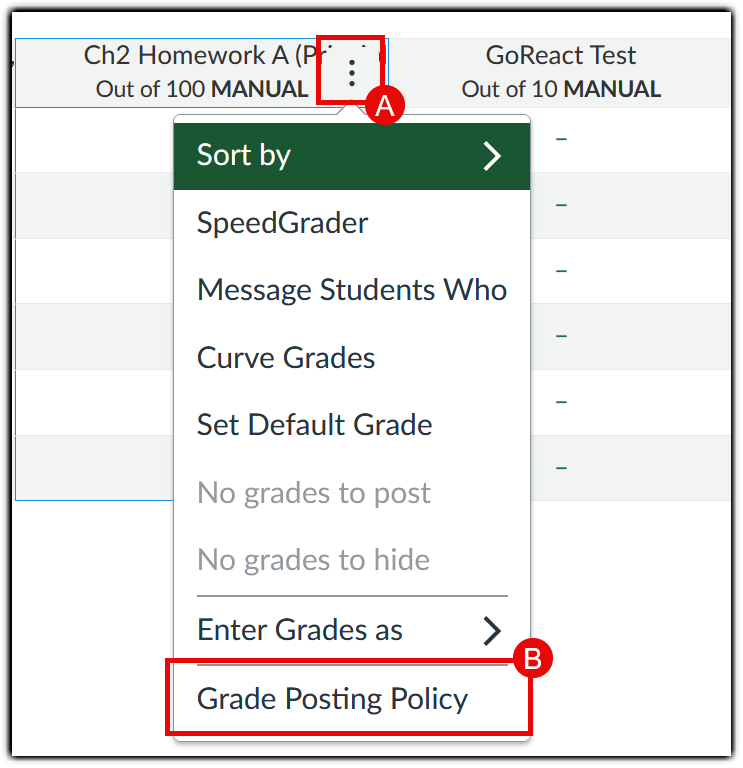 Canvas Gradebook showing the Ch2 Homework A assignment column with the assignment options menu open, highlighting the Grade Posting Policy link.