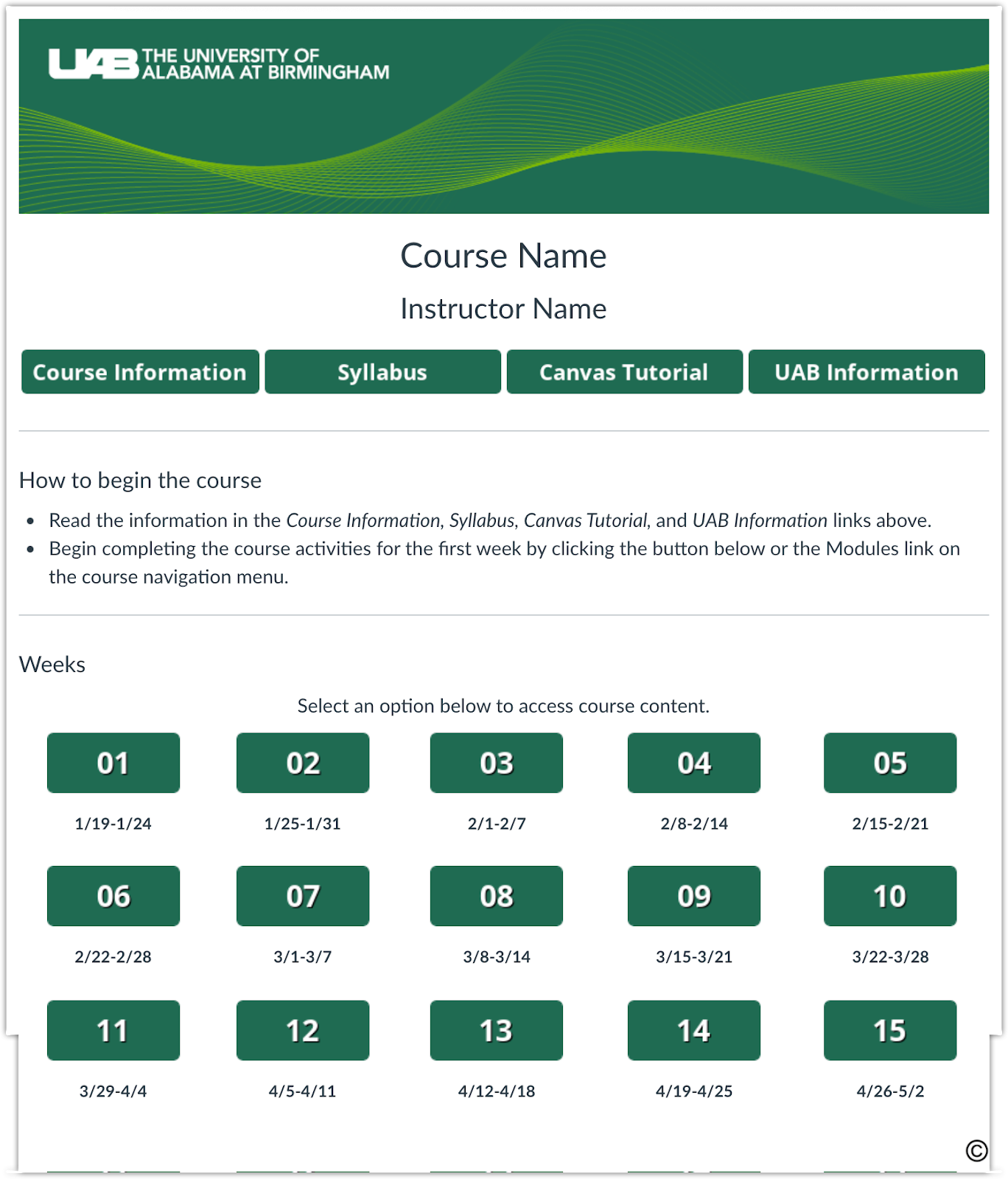 screenshot of Course Instructor Name landing page