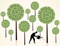 A man waters a tree in a forest of money trees