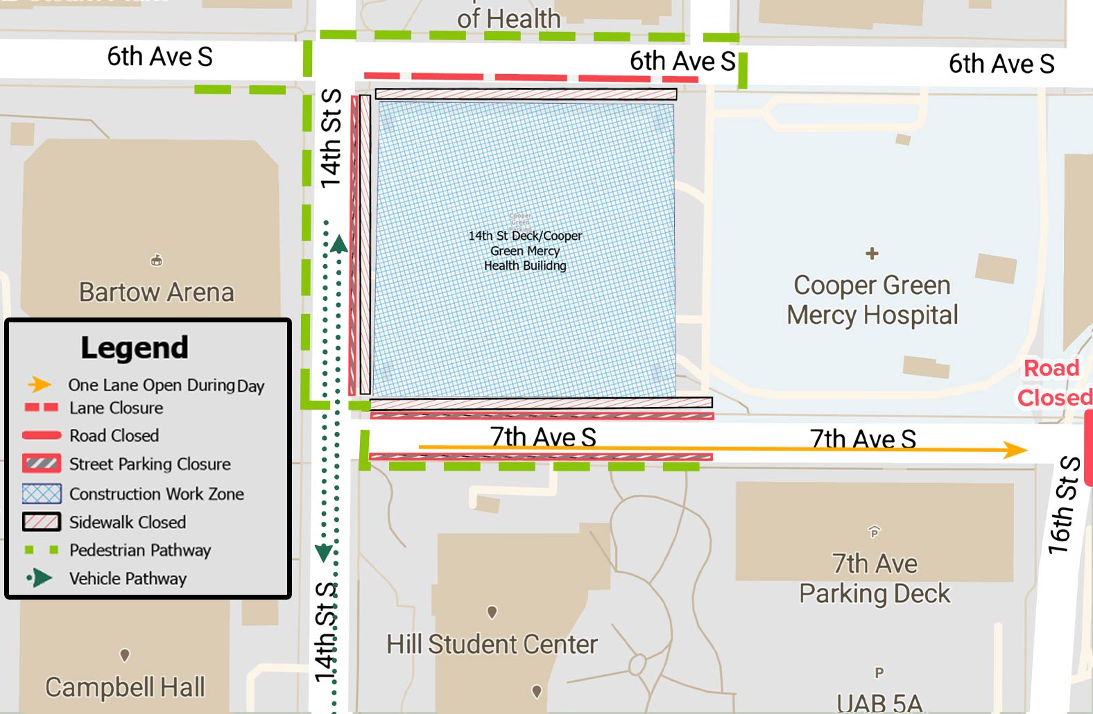Map of traffic and pedestrian impacts within the Cooper Green Mercy Hospital construction areas