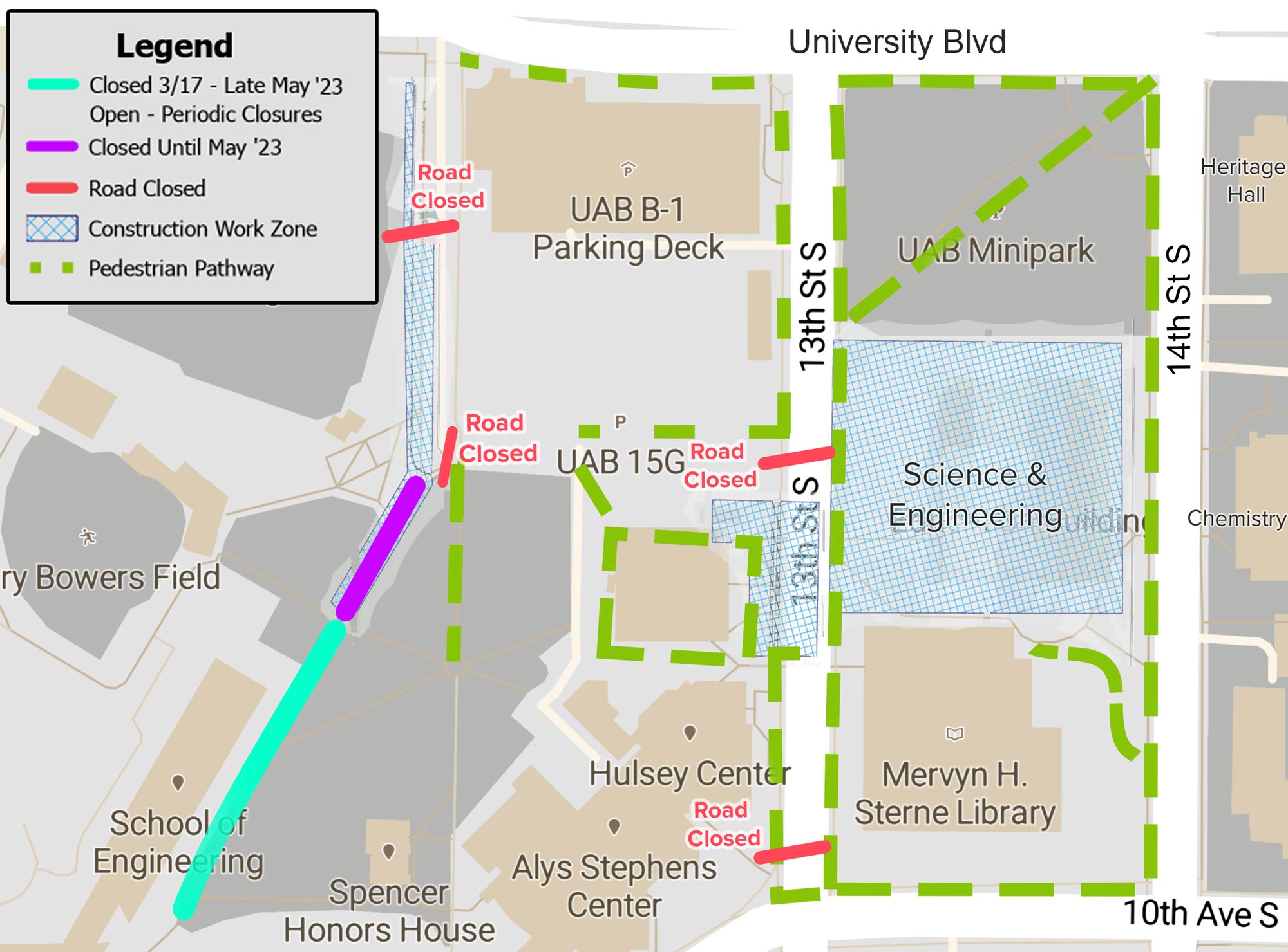 Map of traffic and pedestrian impacts within the UAB Science and Engineering building areas