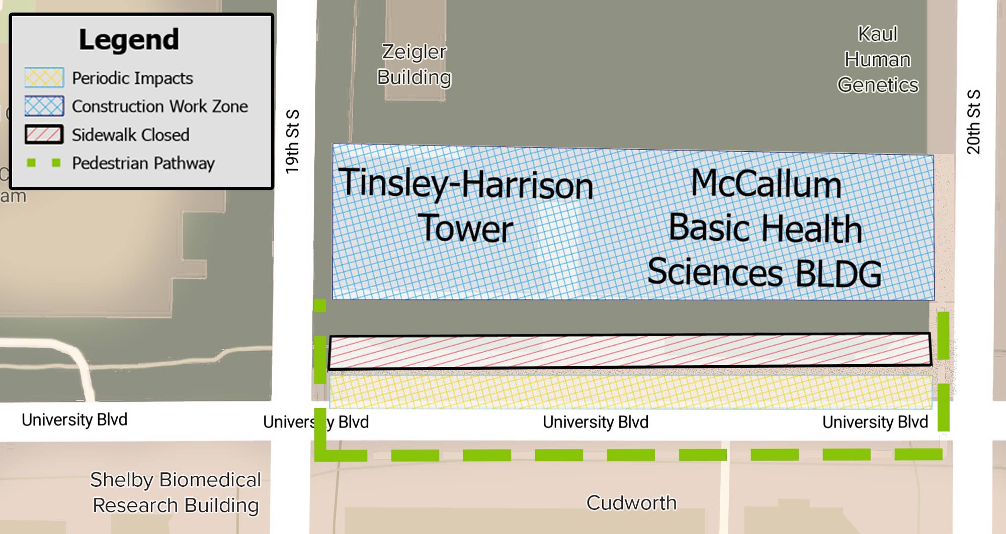 Map of traffic and pedestrian impacts within the McCallum Health Sciences Building area