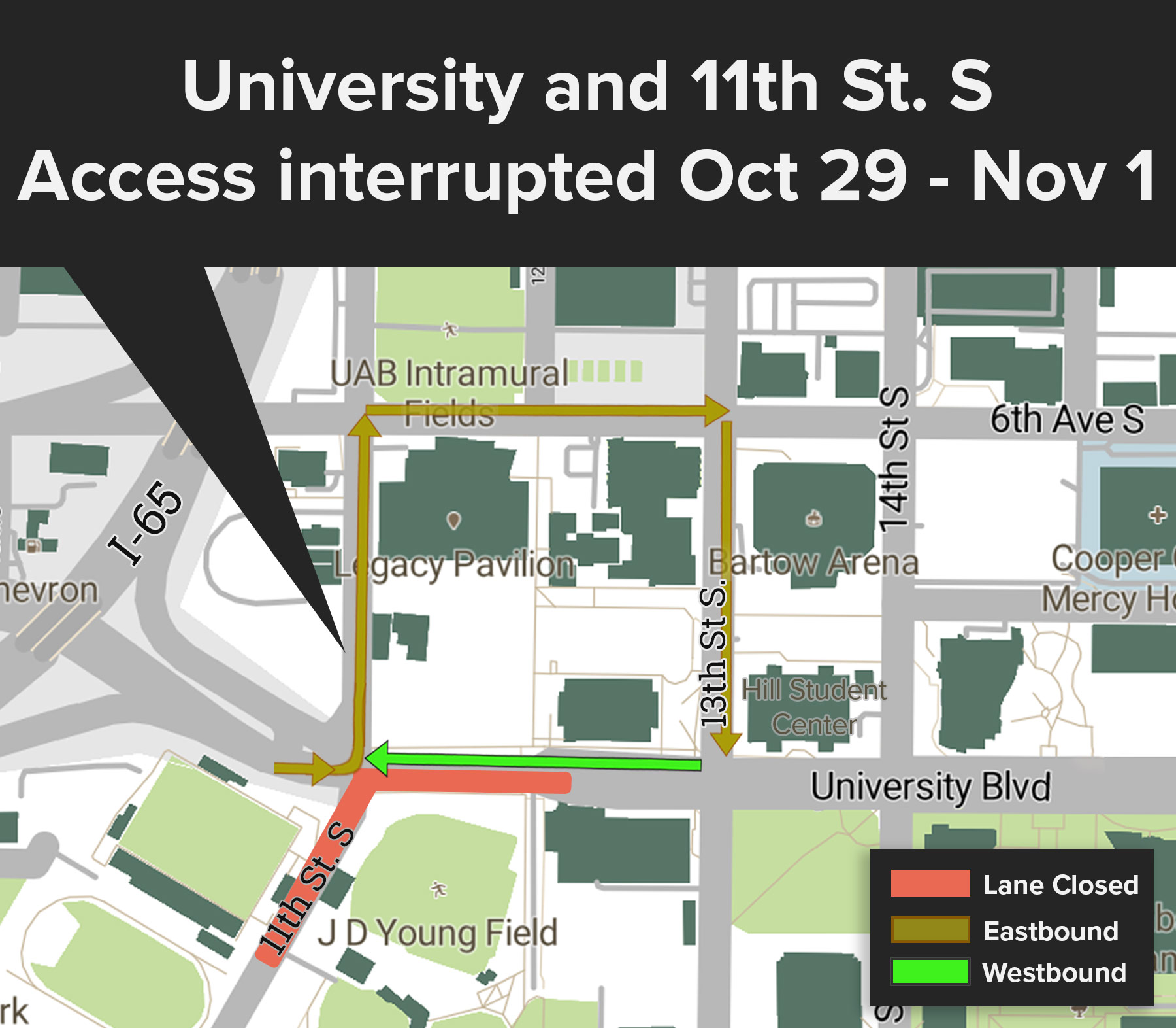 Campus map graphic showing the traffic interruptions and detour route