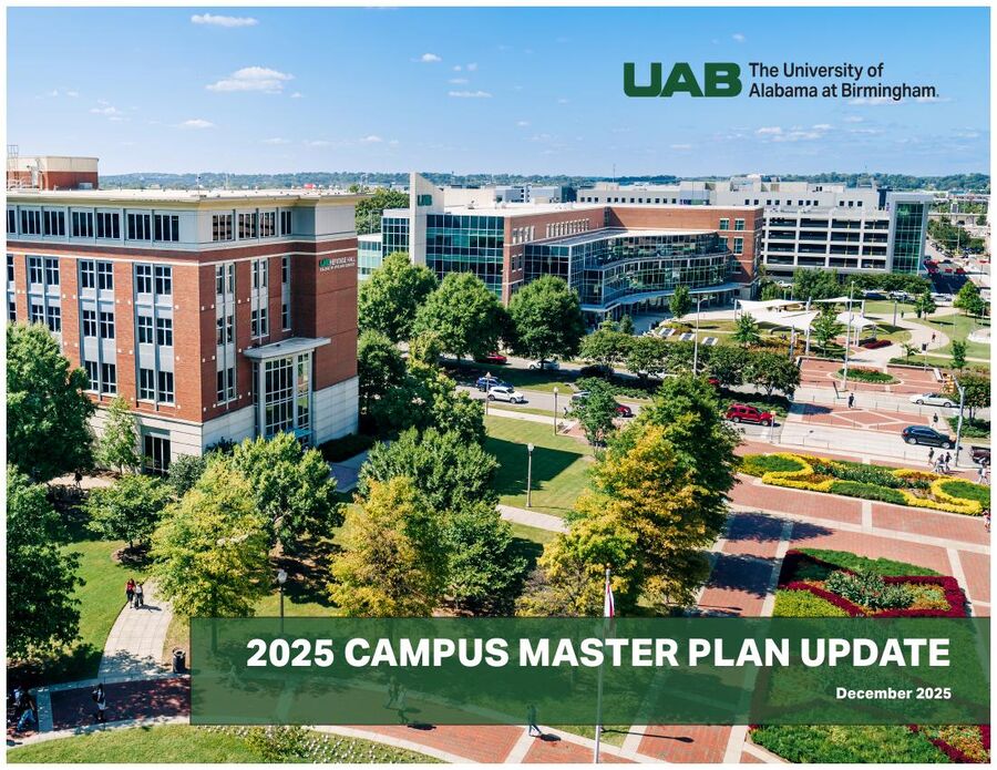 Cover of the 2025 Campus Master Plan Update, an aerial photo of the UAB Campus Green