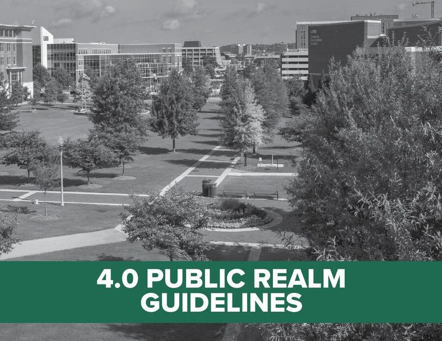 Cover of the Public Realm Guidelines, a black and white photo of a tree-lined campus walkway