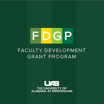 Faculty Development Grant Program logo with a striped green background and UAB logo
