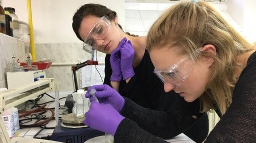 Ashlen Kurre and Katie Paulett (IRES’16) in the lab at Technical University of Liberec, Czech Republic