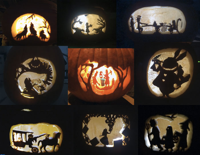 Collage of 9 carved pumpkins.