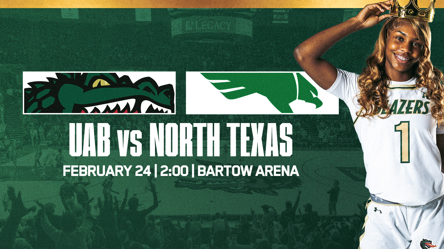 UAB Women's Basketball: Blazers vs North Texas. February 24, 2:00pm at Bartow Arena.