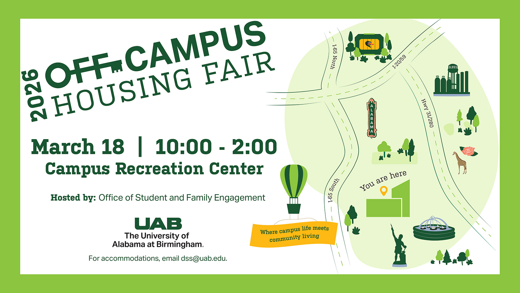2026 Off-Campus Housing Fair: March 18, 10:00am-2:00pm on the Campus Green.