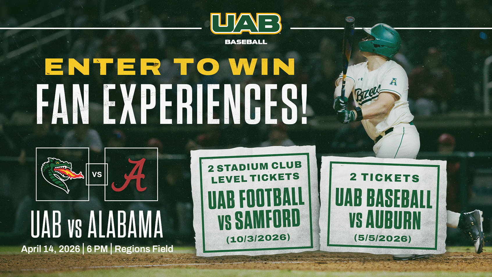 UAB Baseball vs Alabama April 14, 6:00pm, Regions Field. Enter to win fan experiences!