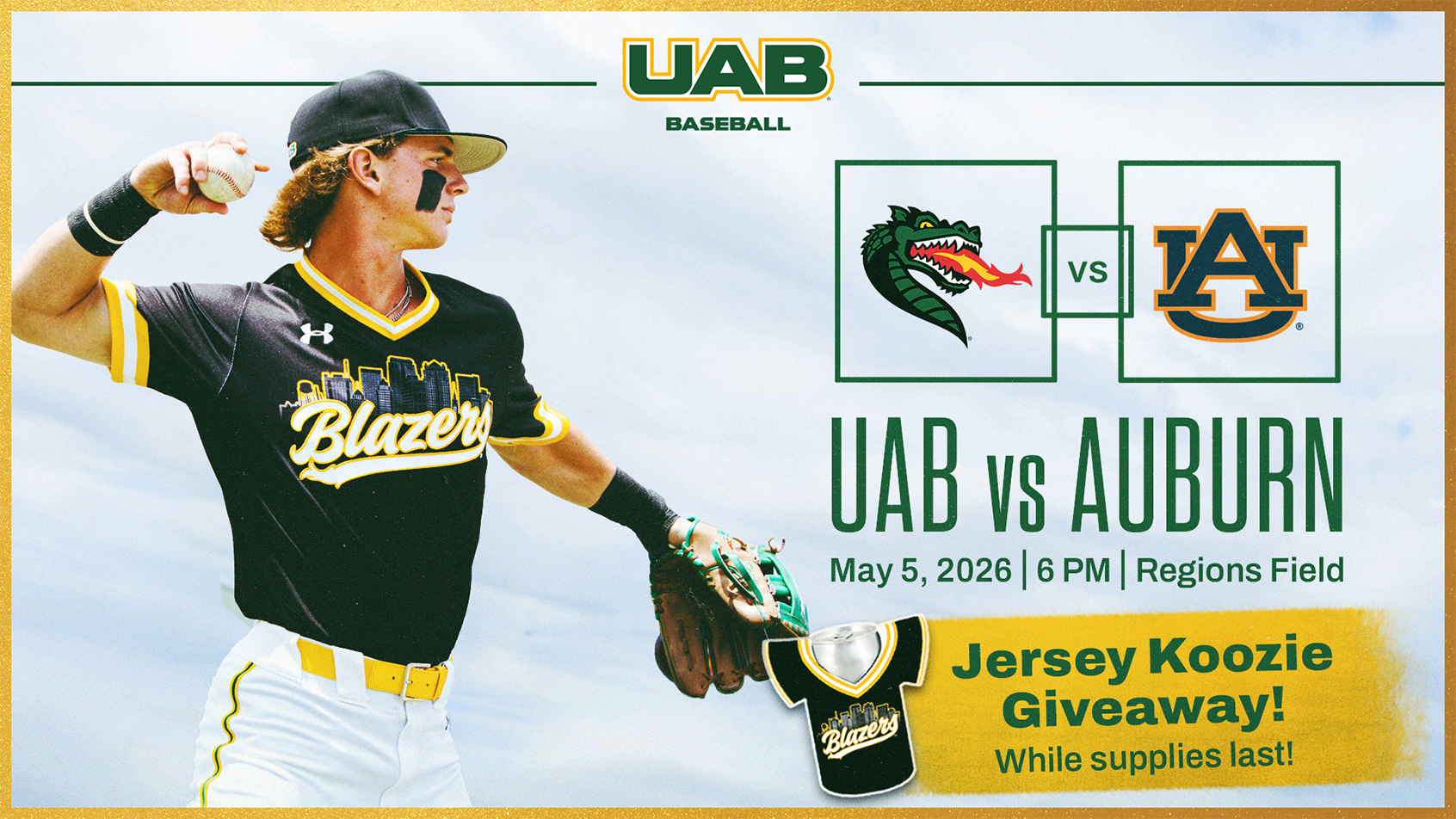 UAB Baseball vs Auburn: May 5, 2026, 6:00pm at Regions Field. Jersey koozie giveaway while supplies last.